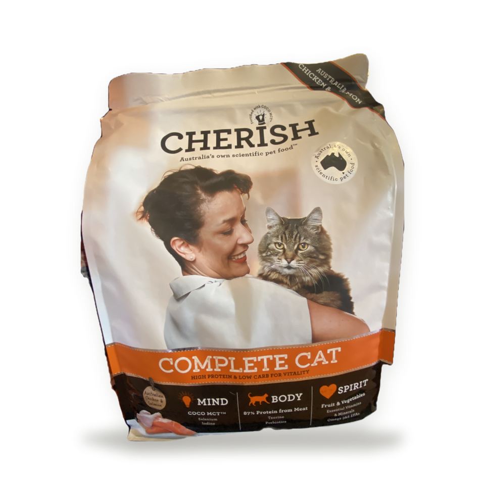 A bag of Cherish Complete Cat dry cat food