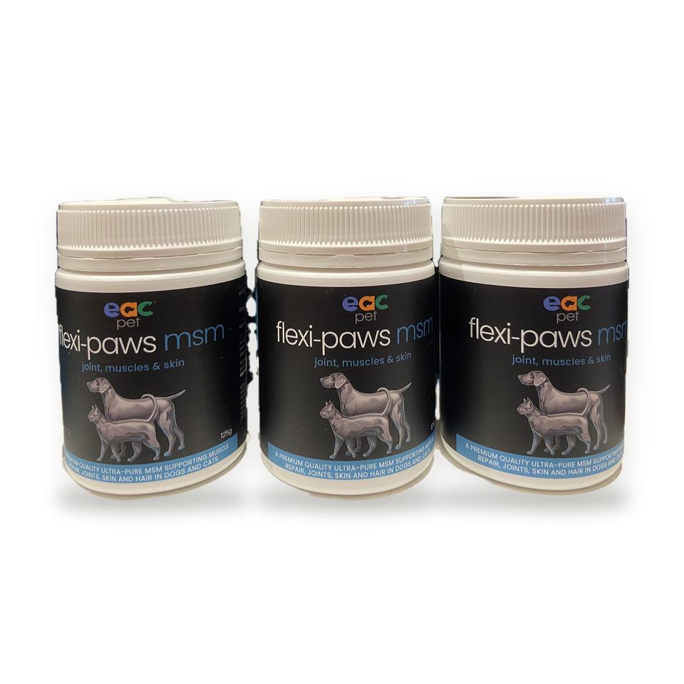 Tubs of EAC flexi-paws msm joint, muscle and skin supplement