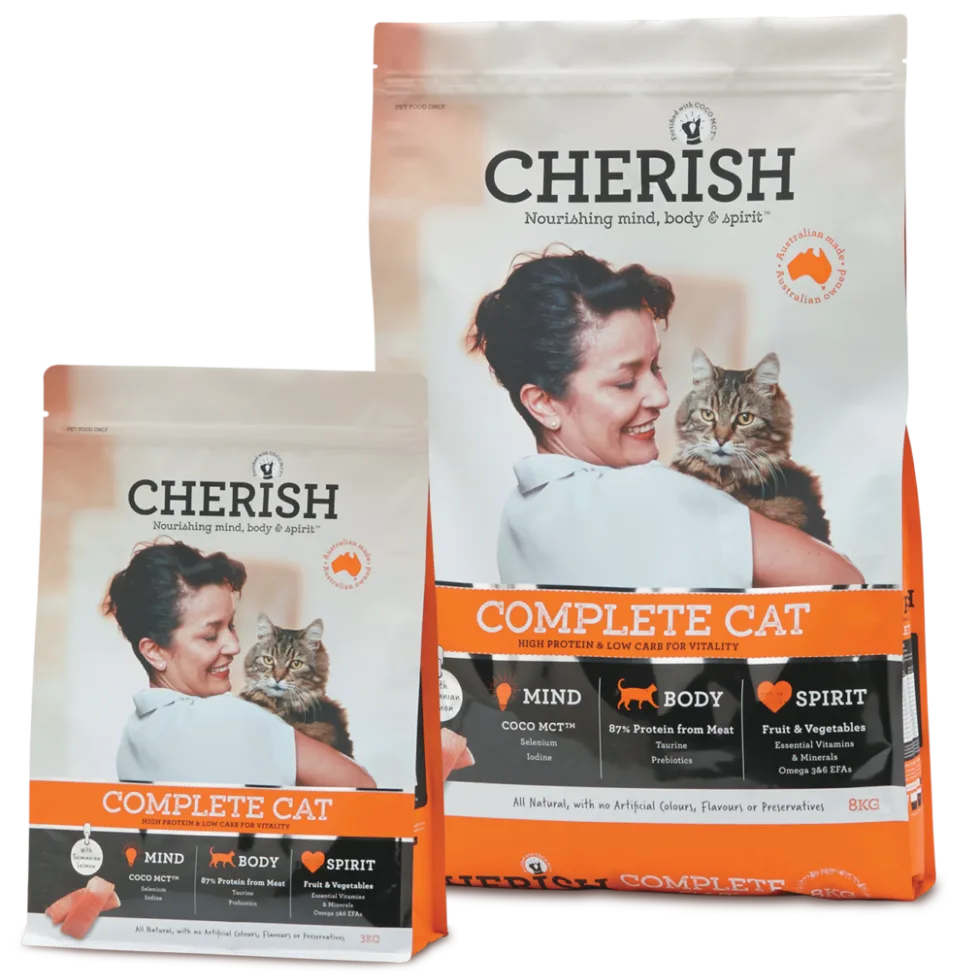 A bag of Cherish Complete Cat dry cat food